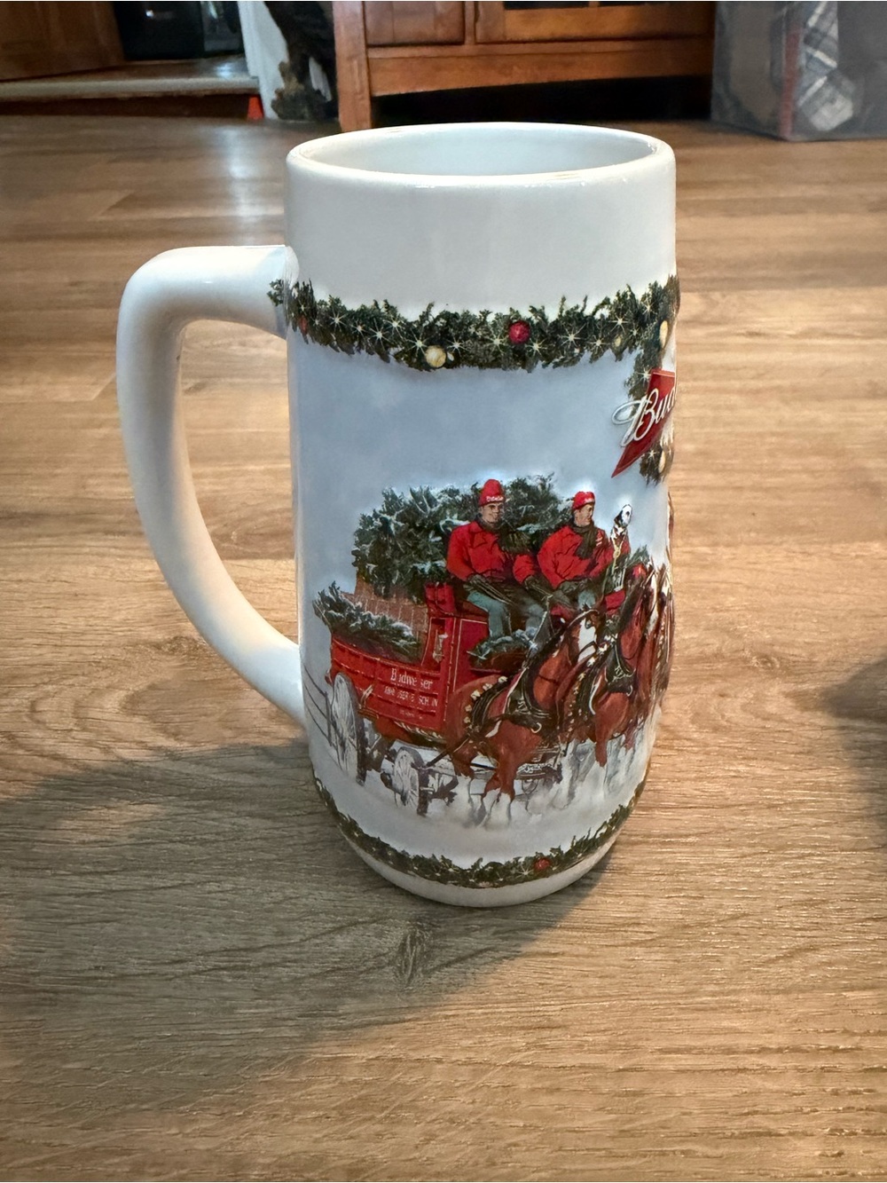 Budweiser Ceramic Holiday Mug with Red and White Festive Scene